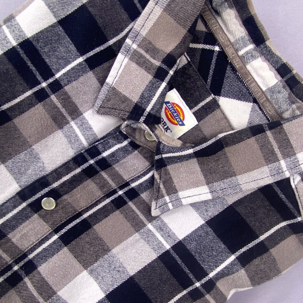 Dickies XL Flannel Work Shirt Cotton Plaid Long Sleeve Gray Black Heavyweight